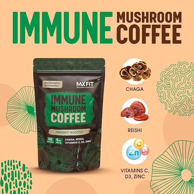 Immunity Mushroom Coffee (60 Servings) Mental Focus Plus Wellness Boost for Immune System Support - Chaga, Reishi & Vitamins C, D3, and Zinc, Mixed with Gourmet 100% Arabica Instant Coffee-FlexoryFit