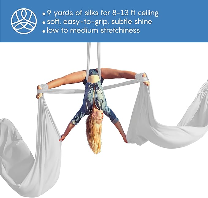 Aerial Silks Starter Kit - Durable 9 Yards of Aerial Yoga Hammock with Hardware & Guide - Aerial Swing for Acrobatic Flying Yoga & All Levels (Aerial Rigging Point Up to 13ft)-FlexoryFit