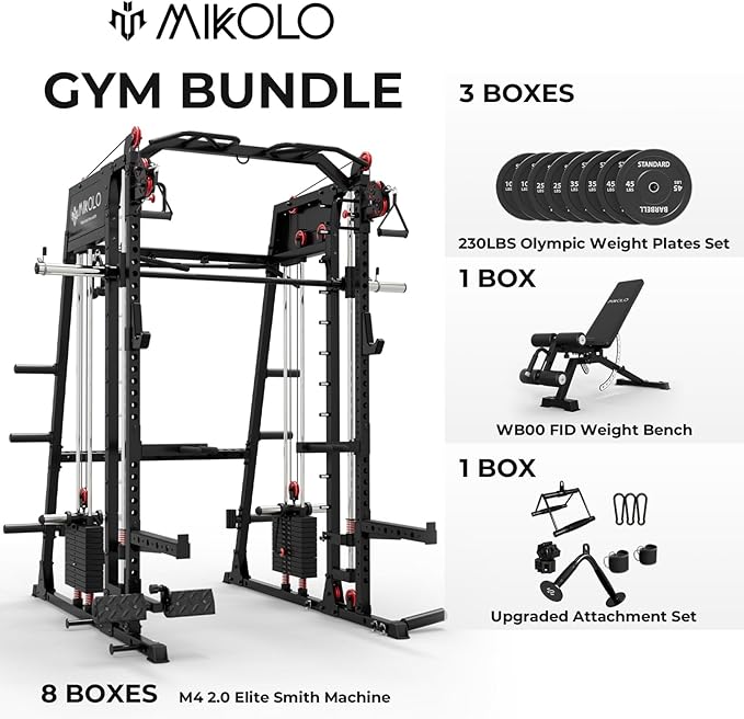 Mikolo Smith Machine, 2200lbs Squat Rack with LAT-Pull Down System & Cable Crossover Machine, Training Equipment with Leg Hold-Down Attachment-FlexoryFit