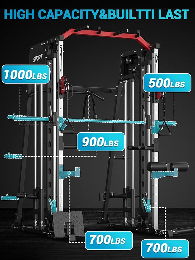 Smith Machine, Power Cage Squat Rack with Cable Crossover, Dual Pulley System, Pull-Up Bar, Home Gym Workout Equipment with Attachments for Strength Training and Weightlifting-FlexoryFit