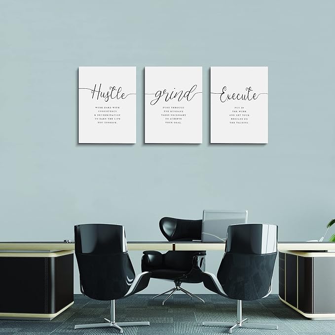 Framed Canvas Wall Art Grind Hustle Quote Poster, Office Wall Art, Positive Motivational Set of 3 Prints, Hustle prints Execute, Inspirational Wall Decor Art (H-3pcs,12x16inchx3pcs)-FlexoryFit