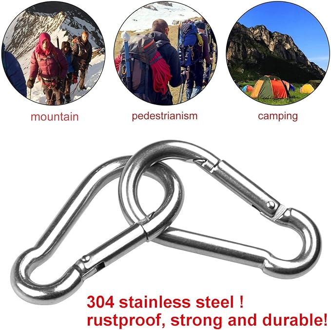 Stainless Steel Spring Snap Hook Carabiner M6 M8 M10 Heavy Duty Carabiner Clip Spring Clips Keychain 5/16 Inch Quick Links for Backpack, Hammocks, Camping, Swing(16/30/10PCS)