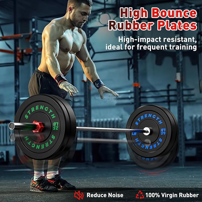 Premium Color-Coded Rubber Bumper Plates Set - 2 Inch Olympic Weight Plates for Home Gym Cross and Strength Training