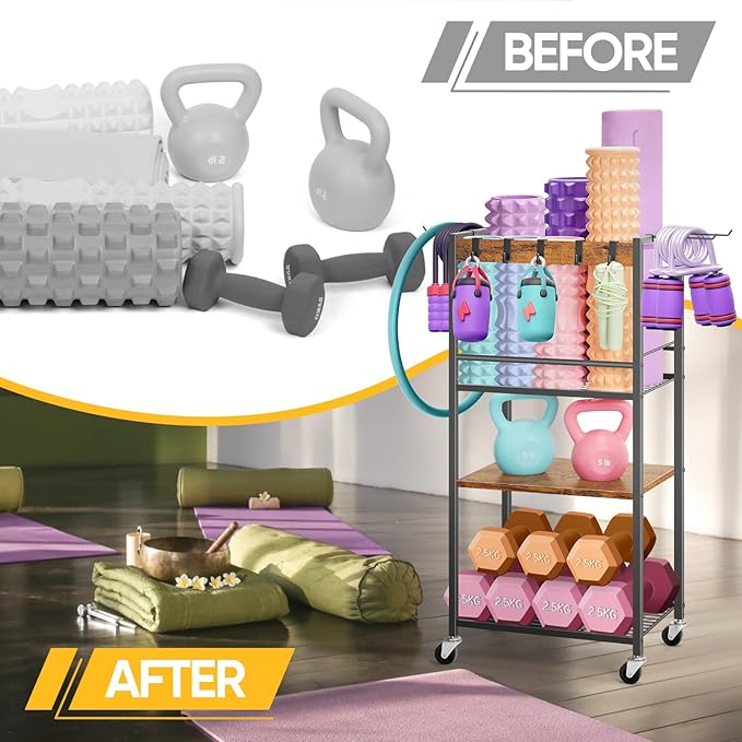 Home Gym Storage Rack, Heavy Duty Yoga Mat Holder Workout Equipment Storage Organizer Weight Rack with Hooks & Wheels for Dumbbells Kettlebells Dumbbell Yoga Block Foam Rollers Yoga Strap Resistance Bands, Fitness Exercise Equipment-FlexoryFit