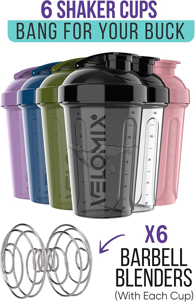 '-6 PACK- Shaker Cups for Protein Shakes 20 oz - 6x Wire Whisk | Leak Proof Protein Shaker Bottle for Protein Shakes, Shaker Bottle Pack for Pre & Post Workout, Shaker Cup (Muted Contrast)-FlexoryFit