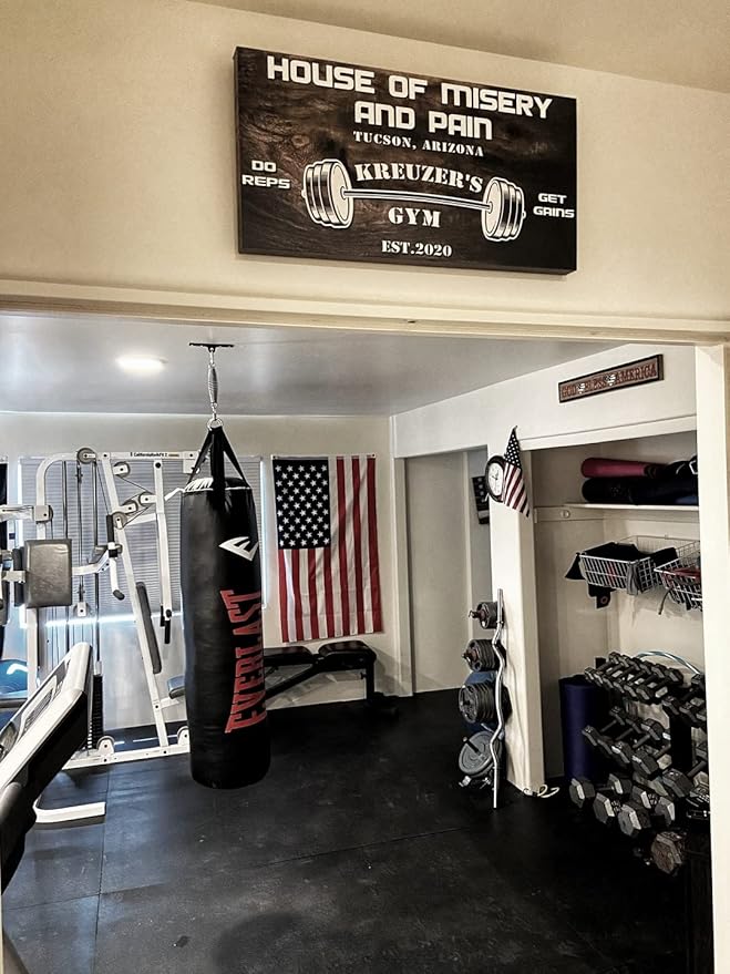 Tailored Canvases Personalized Gym Sign Wall Art Decor - Motivational Canvas for Home Gym, Workout Room, Garage, Fitness Center - Workout Inspirational Posters - House of Misery and Pain, Wooden 48x24in