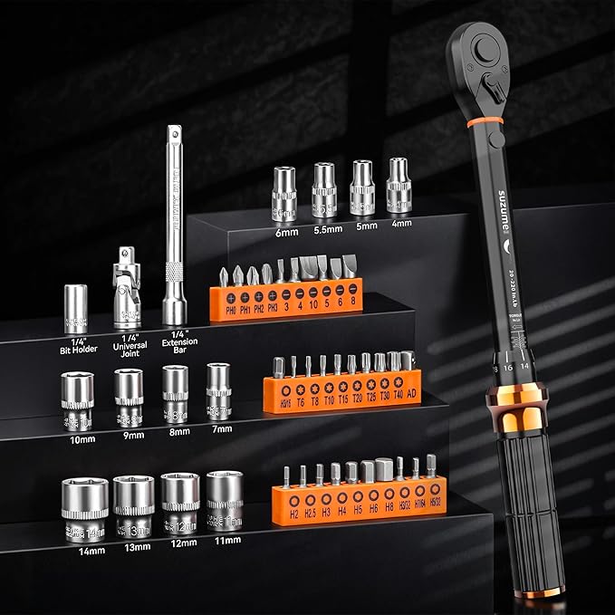 SUZUME 46PCS Bike Torque Wrench Set (20-220 in.lb/2.3-24.9 N.m) ±3% High Accuracy 72 Tooth Click Torque Wrench Set Reversible Head Dual-Scales 1/4 Torque Wrench For MTB Bicycle Maintenance