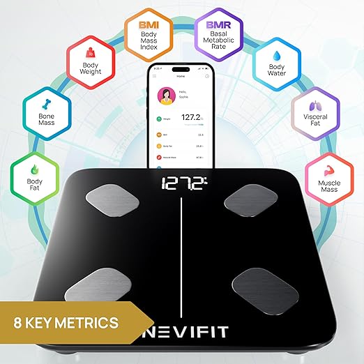 INEVIFIT Smart Body Fat Scale, Highly Accurate Bluetooth Digital Bathroom Body Composition Analyzer, Measures Weight, Body Fat, Water, Muscle, Visceral Fat & Bone Mass for Unlimited Users (Eco-Blk)-FlexoryFit