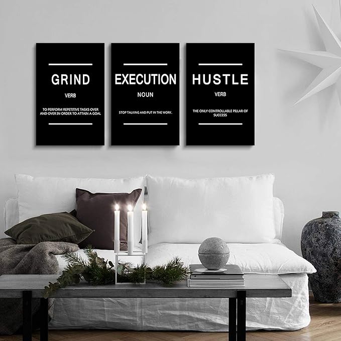 Framed Canvas Wall Art Success Quote, Office Wall Art, Black Large Poster, Positive Motivational Set of 3 Prints, Execute Failure Definition, Inspirational Print (B-3pcs,20x30inchx3pcs)-FlexoryFit