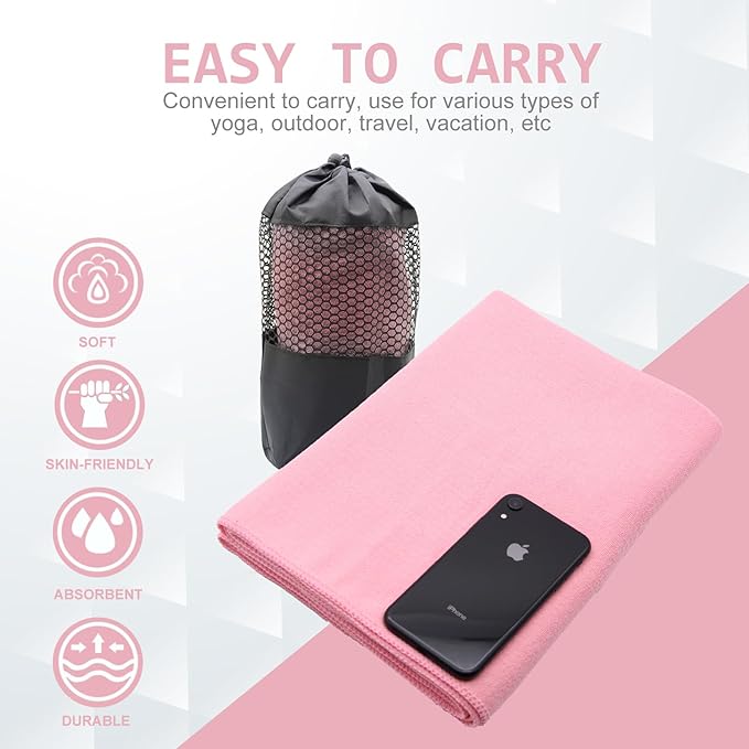 Eunzel Yoga Towel,Hot Yoga Mat Towel with Grip Dots Sweat Absorbent Non-Slip for Hot Yoga, Pilates and Workout 24" x72", Pink-FlexoryFit