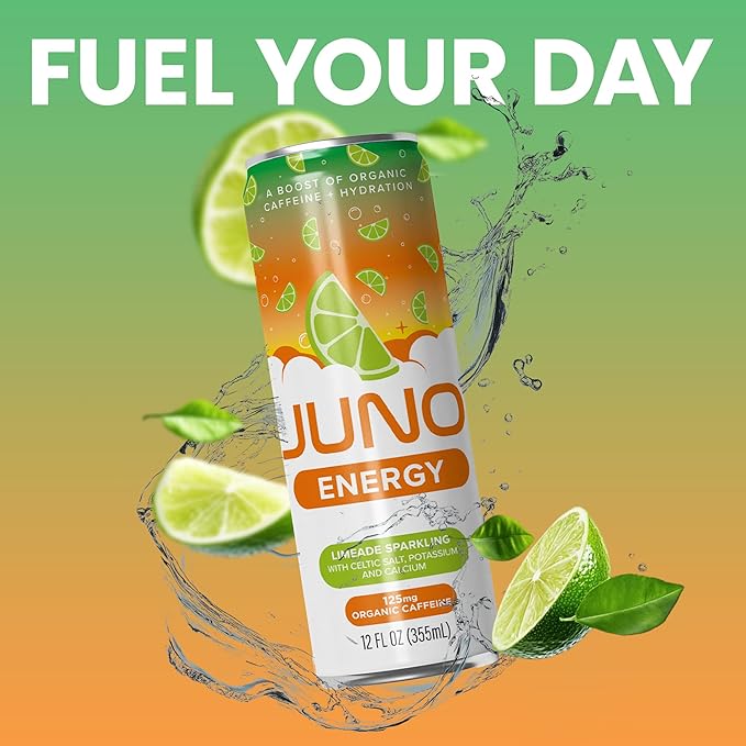 JUNO ENERGY Limeade Sparkling Energy Drink - Sugar Free Electrolytes, Energizing and Hydrating with 125mg Organic Caffeine from Green Coffee Beans, Organic Monk Fruit, Lime Juice & Electrolytes - Vegan, Gluten Free, 12 Pack-FlexoryFit