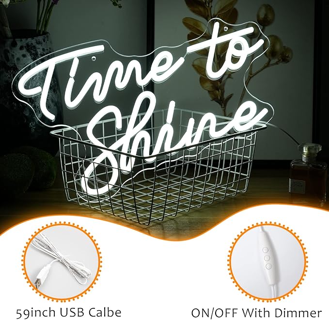 Time To Shine Neon Sign White Led Sign Time To Shine Neon Lights Decor for Lover Dimmable Letter Neon Wall Signs USB Powered with Switch Neon Signs for Wall Decor Party Wedding(16.5’’X10.2’’)