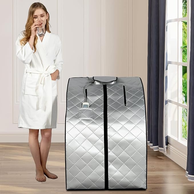 Smartmak Far Infrared Sauna, Full Body One Person SPA Set with Portable Time & Tempreture Remote Control, Heating Foot Pad and Foldable Reinforced Chair(L 27.6โโ x W 31.5โโ x H 37.8โโ) - Black Border