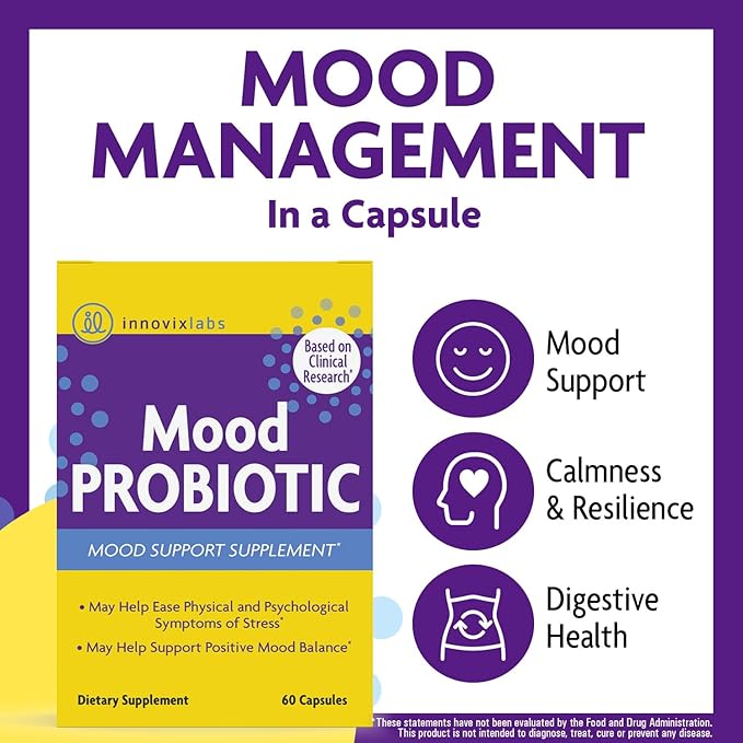 InnovixLabs Mood Probiotic for Women & Men, Clinically Studied Digestive & Mood Support Supplement, Lactobacillus helveticus Rosell-52ND & Bifidobacterium longum Rosell-175, 60 Capsules-FlexoryFit