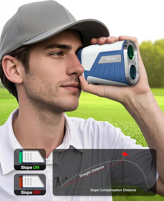 WOSPORTS Golf Range Finder with Slope Switch, 1200 Yards Rangefinder for Golfing & Hunting, ±1yd Accuracy, 0.3s Flag Locking Vibration, Rechargeable, Blue