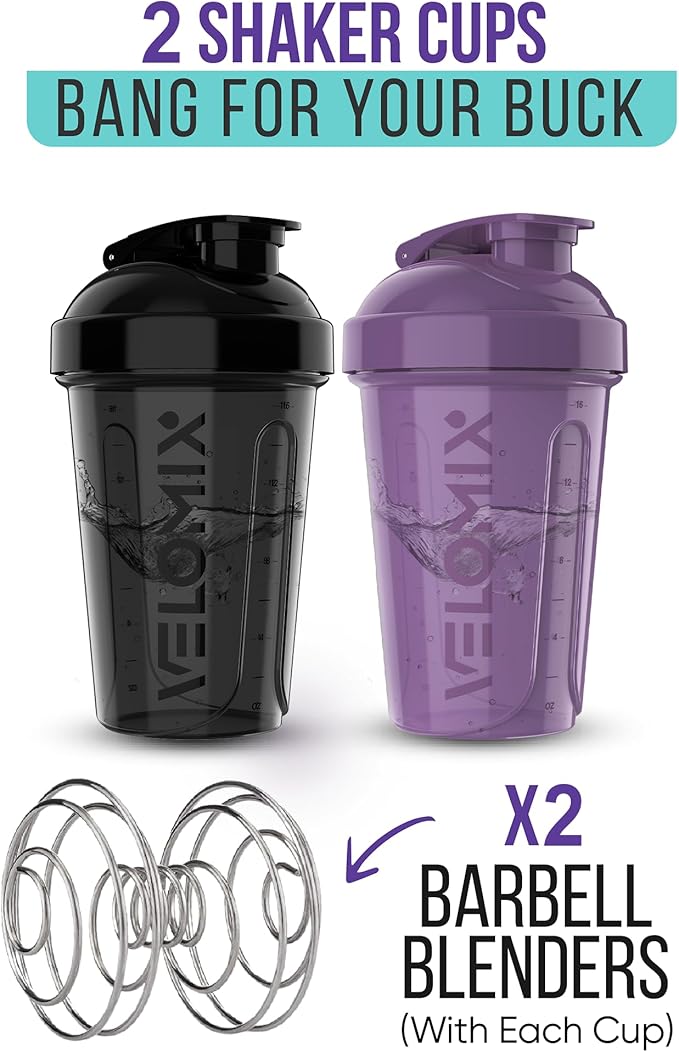 '-2 Pack- 20 oz Protein Shaker Bottles for Protein Mixes - 2x Wire Whisk | Leak Proof Shaker Cups for Protein Shakes and Pre Workout | Protein Shaker Bottle Pack (Purple&Black)-FlexoryFit