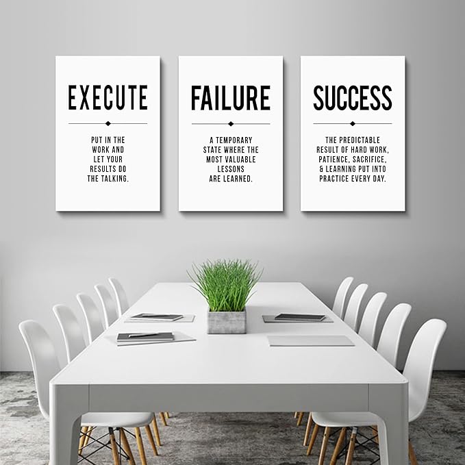 Framed Canvas Wall Art Success Quote, Office Wall Art, Black Large Poster, Positive Motivational Set of 3 Prints, Execute Failure Success Poster, Inspirational Print (D-3pcs,16x24inchx3pcs)-FlexoryFit