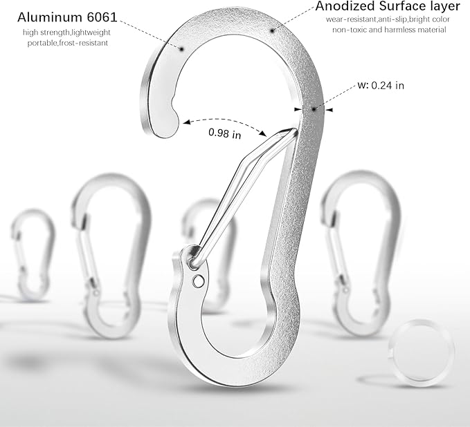 sprookber 3.2 Inch Aluminum Carabiner Clips D Ring, Caribeaner Spring Snap Hook with Keychain for Camping, Hiking, Gym & Outdoor Gear, Set of 10