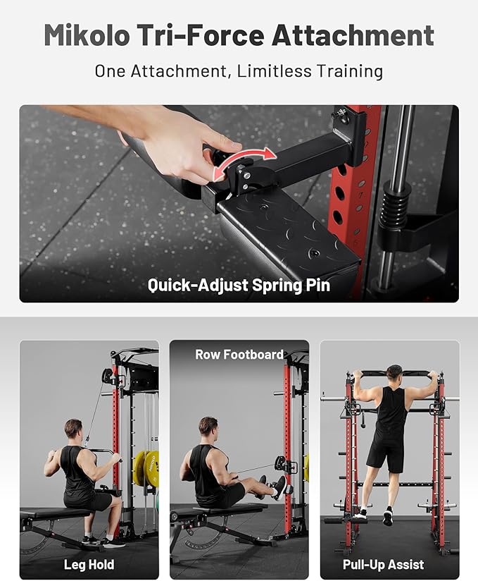 Mikolo Smith Machine, 2200lbs Squat Rack with LAT-Pull Down System & Cable Crossover Machine, Training Equipment with Leg Hold-Down Attachment-FlexoryFit
