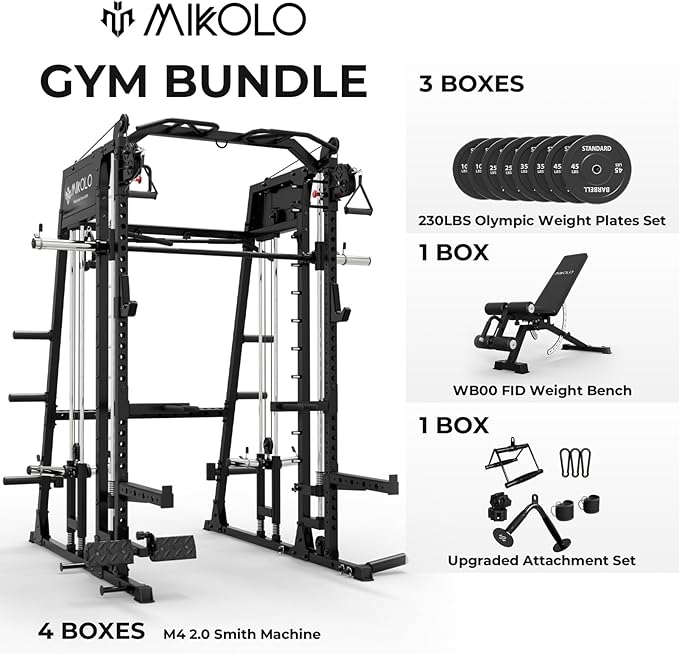 Mikolo Smith Machine, 2200lbs Squat Rack with LAT-Pull Down System & Cable Crossover Machine, Training Equipment with Leg Hold-Down Attachment-FlexoryFit