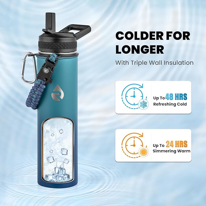 Insulated Water Bottle 24oz, Triple Wall Vacuum Stainless Steel (Cold for 48 Hrs, Hot for 24Hrs), Leak Proof & Non-BPA, 24oz Hydro Water Flask with Paracord Handle & Straw Spout Lids-FlexoryFit