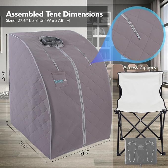 SereneLife Portable Sauna for Home, Infrared Sauna Tent with Heated Foot Pad and Folding Chair, Compact Personal Rejuvenation Sauna, Remote Control In-Home Spa, 38" x 32” - (Gray)