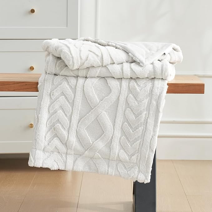 Cozy Bliss Faux Fur Throw Blanket for Couch, Jacquard Fuzzy Plush Soft Thick Winter Throw Blanket for Sofa Bed Living Room Bedroom,50"x60" Beige