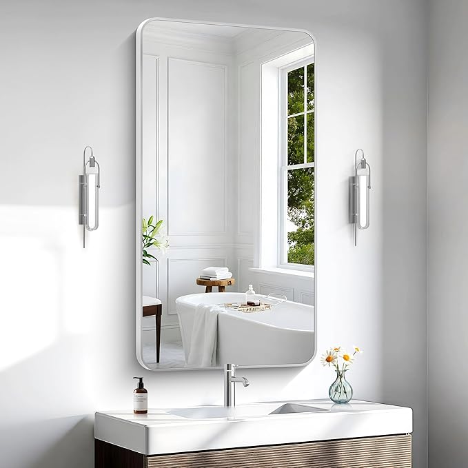 Silver Bathroom Mirror,24x48 inch Wall Mirror for Bathroom Wall Mounted,Rectangle Mirror for Bathroom Over Sink,Modern Frame Round Corner for Living Room,Bedroom Entryway,Horizontal/Vertical-FlexoryFit