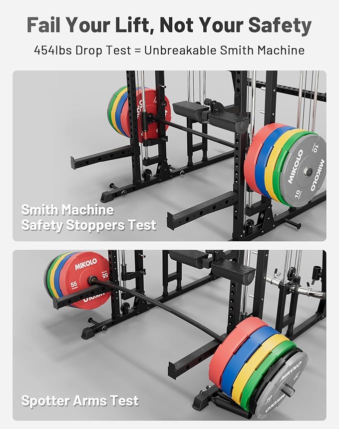 Mikolo Smith Machine, 2200lbs Squat Rack with LAT-Pull Down System & Cable Crossover Machine, Training Equipment with Leg Hold-Down Attachment-FlexoryFit