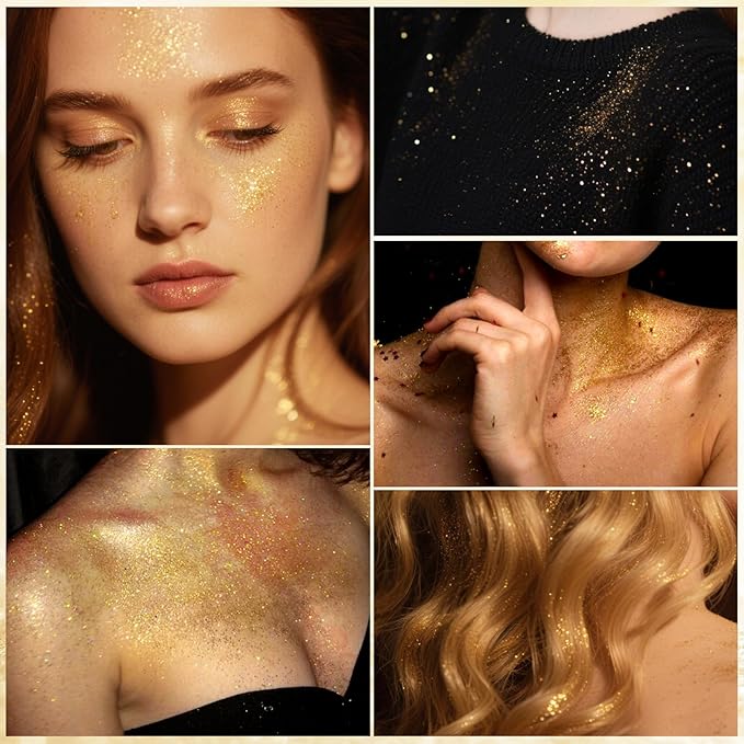 Holographic Body Glitter Spray - Shimmering Hair, Face & Body Sparkle for Festivals, Clothes, Nail Art Crafts Design & Special Events Makeup (Gold)-FlexoryFit