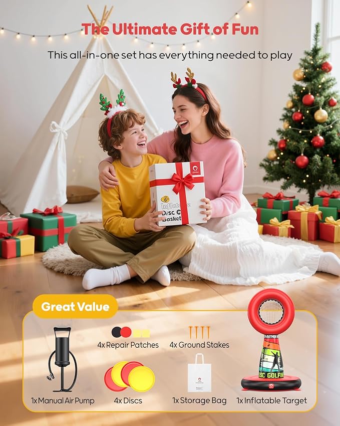 QPAU Inflatable Disc Golf Set for Kids Family Fun, Portable Outdoor Yard Games Set With 4 Frisbee Discs & Pump, Kids Toys for Golf Practice, Backyard Camping Lawn Pitching Games - Ideal Teen Boy Gifts