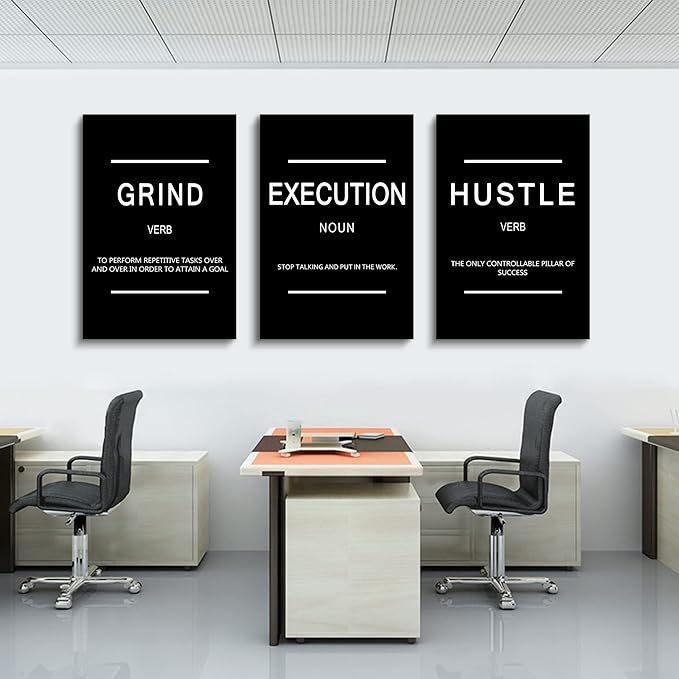 Framed Canvas Wall Art Success Quote, Office Wall Art, Black Large Poster, Positive Motivational Set of 3 Prints, Execute Failure Definition, Inspirational Print (B-3pcs,20x30inchx3pcs)-FlexoryFit