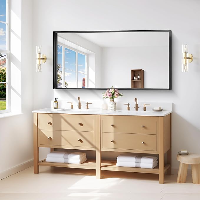 Black Bathroom Mirror, 24x48 Inch Rectangular Framed Mirror, Large Wall Mounted Bathroom Vanity Mirror Over Sink for Bedroom,Restroom, Living Room, Hangs Vertically or Horizontally-FlexoryFit