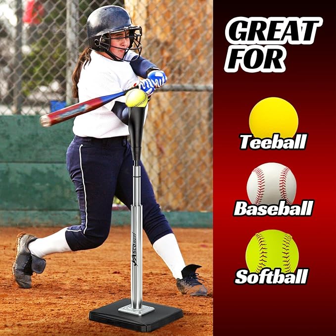 Portable Batting Tee for Baseball/Softball, Height Adjustable 24-46 inches Softball Tee for Kids and Adults,Baseball Tee with Rubber Top,Metal Base,Easy Transport and Assemble Hitting Tee