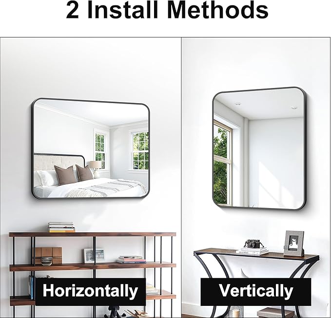 30x36 inch Bathroom Mirror,Black Rectangle Mirror,Wall Mounted Bathroom Frame Vanity Mirror with Round Corner for Bedroom Living Room, Entryway Hangs Horizontal or Vertical-FlexoryFit