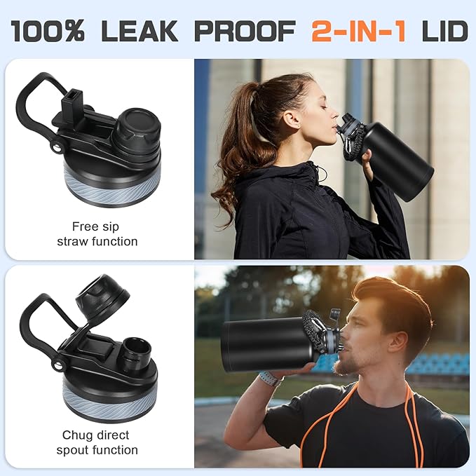 1 Gallon Water Bottle Insulated, Leak Proof 128 oz Stainless Steel Water Jug with Straw/Spout 2-in-1 Lid, Sleeve, Paracord Handle, Silicone Boot, One Gal Metal Canteen for Gym Sports Camping-FlexoryFit