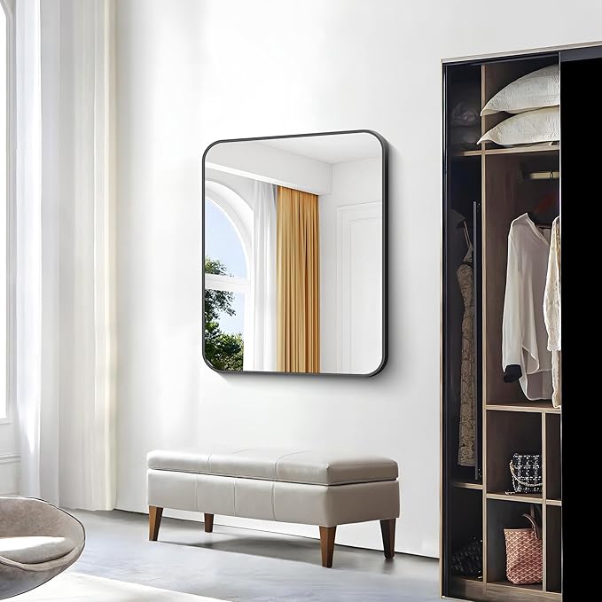 30x36 inch Bathroom Mirror,Black Rectangle Mirror,Wall Mounted Bathroom Frame Vanity Mirror with Round Corner for Bedroom Living Room, Entryway Hangs Horizontal or Vertical-FlexoryFit