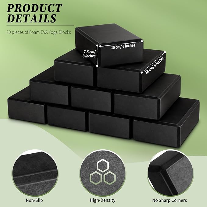 Yilloog 20 Pcs Foam EVA Yoga Blocks - High Density Non Slip Supportive Foam Blocks - Lightweight Black Yoga Bricks - Props for Women, Men, Beginners, Pilates, Meditation-FlexoryFit