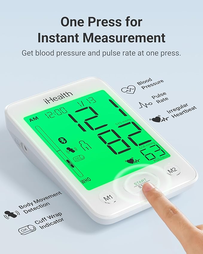 iHealth Accu Luminate Arm Blood Pressure Monitor – 4.5" Large Tri-Color WHO-Based LCD, Clinically Validated Accuracy, Irregular Heartbeat Alert, Bluetooth Cloud Sync, Adjustable Large 8.6"–17" Cuff-FlexoryFit