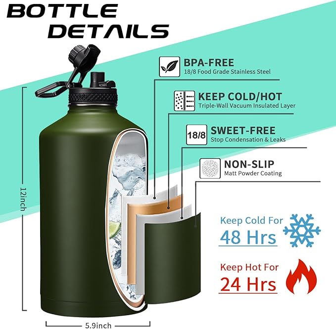 128 OZ Insulated Water-Bottles with Strap - 1 Gallon Water Jug with Straw & Spout Lid, Stainless Steel Large Water Bottle Leak Proof, Cold-48h Hot-24h Metal Water Flask w/Paracord Handle, Carrier Bag-FlexoryFit