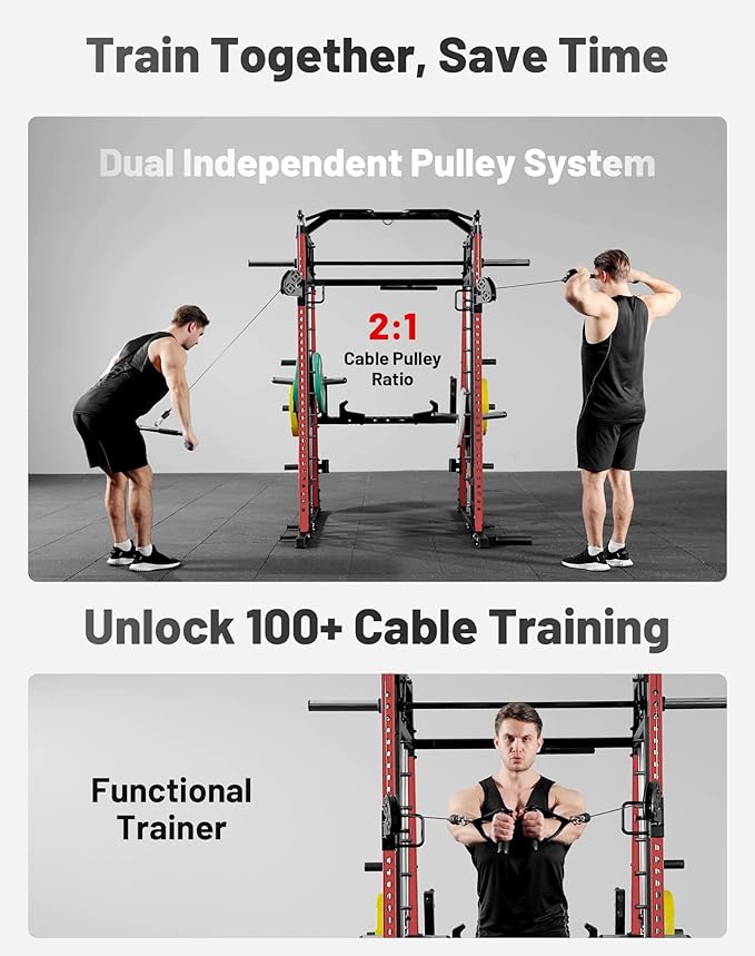 Mikolo Smith Machine, 2200lbs Squat Rack with LAT-Pull Down System & Cable Crossover Machine, Training Equipment with Leg Hold-Down Attachment-FlexoryFit