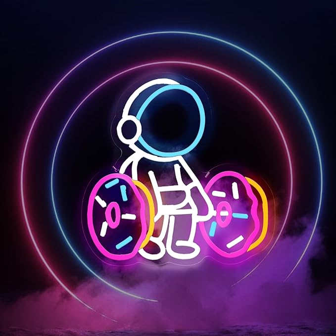 Astronaut Lifting Donut Neon Sign Astronaut Donut Neon Light Astronaut Light Sign Dimmable Bakery LED Neon Light for Club Decor Man Cave Game Room Bar Pub 12.5"×12.7"-FlexoryFit