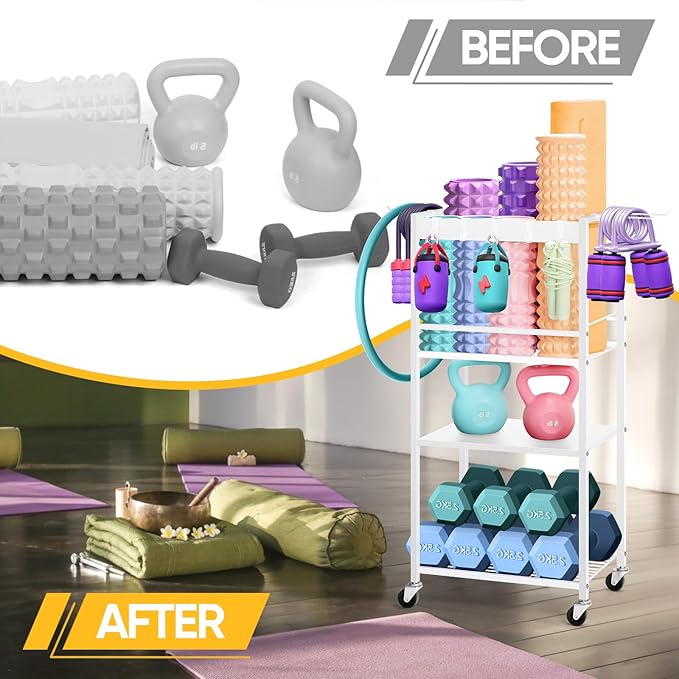 Home Gym Storage Rack, Heavy Duty Yoga Mat Holder Workout Equipment Storage Organizer Weight Rack with Hooks & Wheels for Dumbbells Kettlebells Dumbbell Yoga Block Foam Rollers Yoga Strap Resistance Bands, Fitness Exercise Equipment-FlexoryFit
