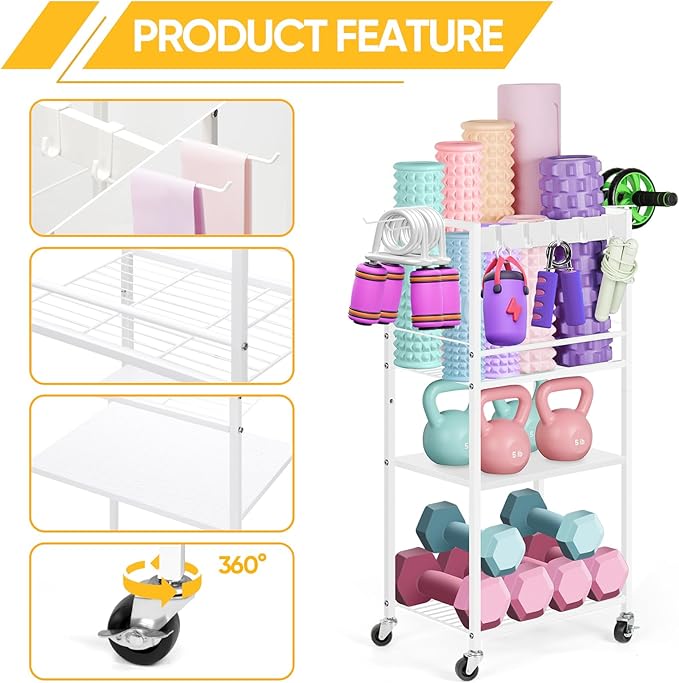 Home Gym Storage Rack, Heavy Duty Yoga Mat Holder Workout Equipment Storage Organizer Weight Rack with Hooks & Wheels for Dumbbells Kettlebells Dumbbell Yoga Block Foam Rollers Yoga Strap Resistance Bands, Fitness Exercise Equipment-FlexoryFit
