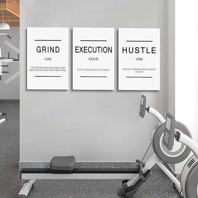 Framed Canvas Wall Art Success Quote, Office Wall Art, White Large Poster, Positive Motivational Set of 3 Prints, Grind Execution Hustle Poster, Inspirational Print-FlexoryFit
