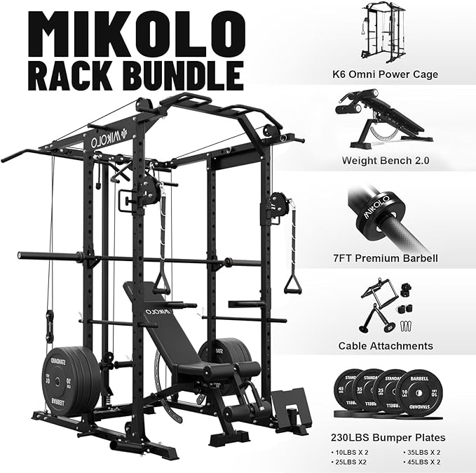 Mikolo Power Cage, Power Rack with Cable Crossover System, 1500LBS Squat Rack with LAT Pull Down System, Workout Cage with Pulley System for Fitness Home Gym-FlexoryFit