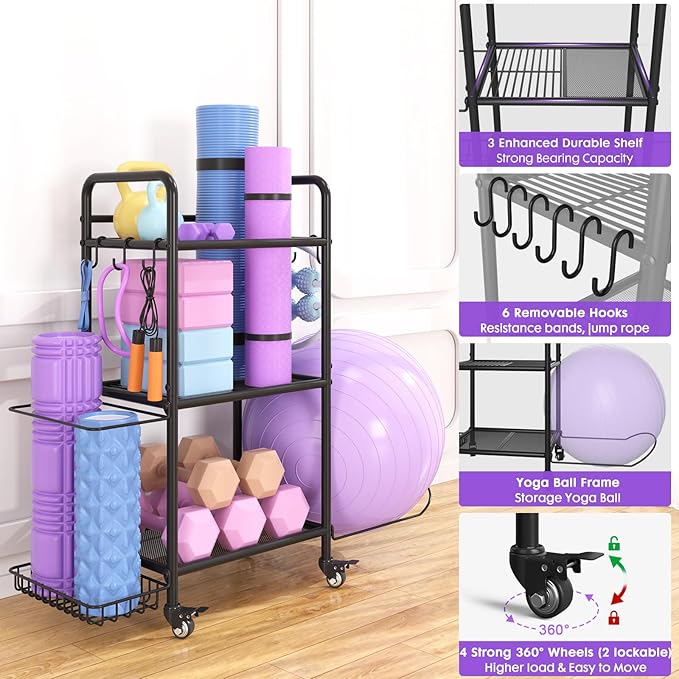 Home Gym Storage Rack Exercise Equipment Storage Organizer for Yoga Mat Dumbbells Kettlebells Foam Roller Yoga Strap & Resistance Bands, Ideal Yoga Mat Holder & Workout Equipment Organizer-FlexoryFit