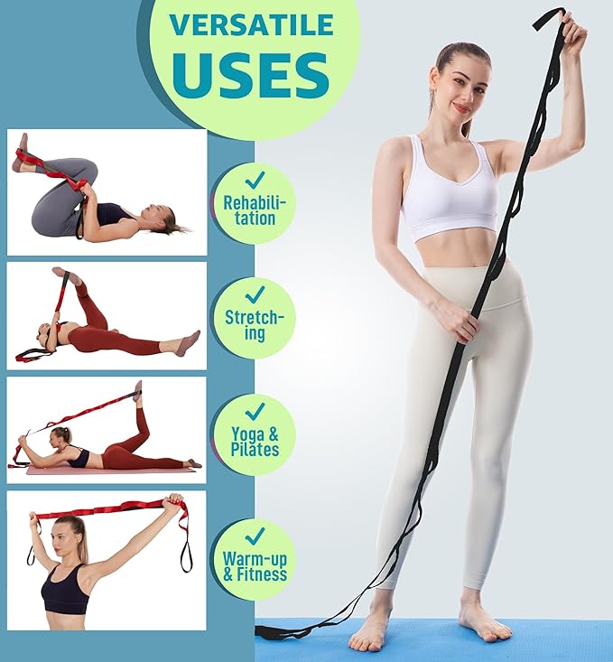 Gradient Fitness Therapy Stretching Belt, 12 Circle Multi Ring Stretching Belt (1.5 inches wide x 86.6 inches long), Therapy Equipment, Yoga Stretcher Strap,Leg Stretcher. Equipped with arch foot pads and pointed massage balls(BLACK)-FlexoryFit