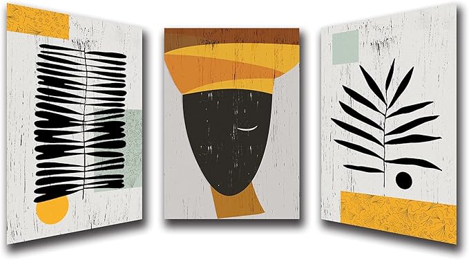 Framed Canvas Wall Art African Ethno Motive Wall Art Set, Abstract Ethno Art, African American Woman Portrait, Black Orange Print, Contemporary Collage, Minimalist (S-3pcs,20x30inchx3pcs)-FlexoryFit