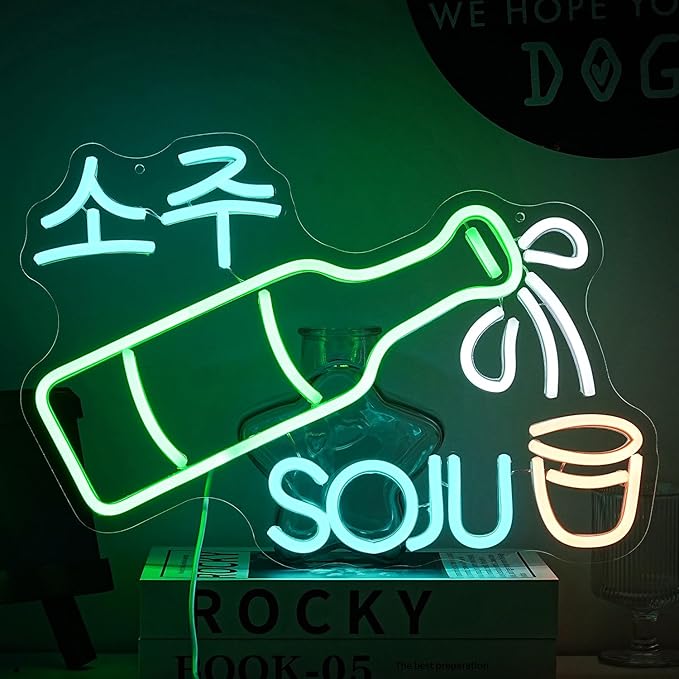 Soju Neon Sign Korean Soju Neon Light Soju Colorful LED Neon Light Korean Led Neon Sign for Bar Korean Restaurant Kitchen Restaurant Wine Cellar Decoration